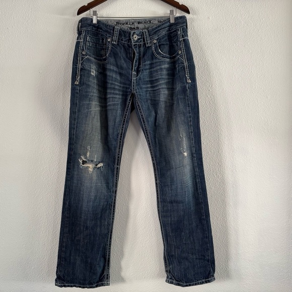 Buckle Black Jeans Distressed Denim Three Fit 34X32 Fade Stitching Medium Wash - Picture 16 of 16